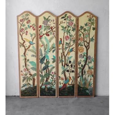 Vintage Avian Botanical Themed 4-Panel Room Divider Screen 