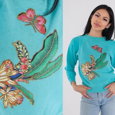 Glitter Floral Sweatshirt 90s Butterfly Flower Print Sweater Retro Sparkly Graphic Turquoise Blue Shirt Raglan Sleeve Vintage 1990s XS 