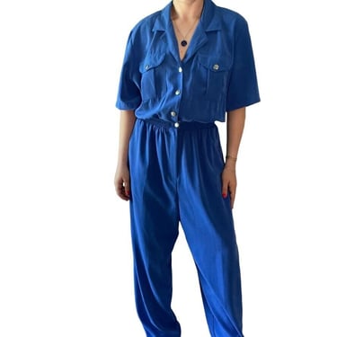 Vintage 1980s Saint Germain Paris Royal Blue Retro Jumpsuit Sz L Made in USA 