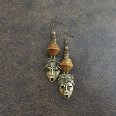 African mask earrings, tribal dangle earrings, wooden earrings, Afrocentric earrings, ethnic earrings, unique primitive earring, tiki brass5 