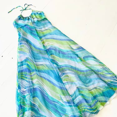 1970s Blue + Green Printed Chiffon Halter Neck Maxi Dress with Matching Scarf 