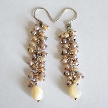 70's sterling seed pearl Mother of Pearl boho dangles, 925 silver pink & cream pearls MOP waterfall earrings 