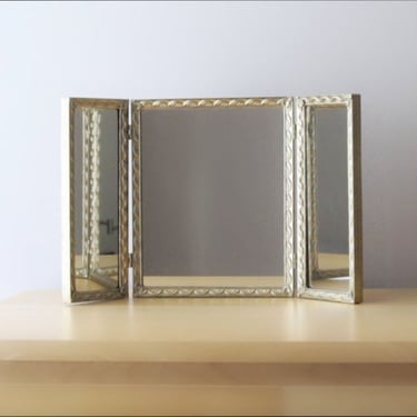 tri fold hinged vanity mirror - vintage triple brass folding frame 
