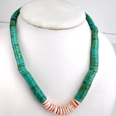 Vintage Artisan Navajo Turquoise & Spiny Oyster Shell Graduated Heishi Necklace 18