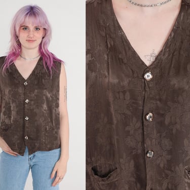 Floral Tank Top 90s Brown Embossed Sleeveless Blouse Button Up Shirt Boho Top 1990s Tank Top Bohemian Summer Vintage Feminine Large L 