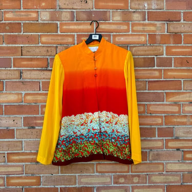 vintage 90s orange yellow red sunset floral stand collar jacket / l large 