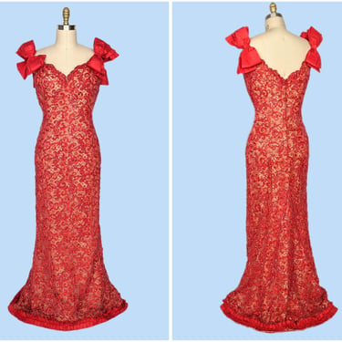 1980s Bob Mackie Lace and Sequin Evening Gown, Stunning Designer Red Mermaid Formal Ball Gown 