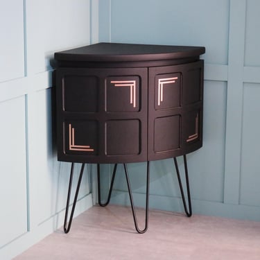 Parker Knoll Nathan Curved Corner Cocktail Cabinet / Cupboard with Copper Art Deco Motifs - Matt Black - Midnight Blue  - Hairpin Legs - MCM 