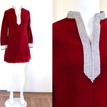 1960s Ruby Red Velvet A-Line Mini Dress with Glass Rhinestone Embellishments - XS 