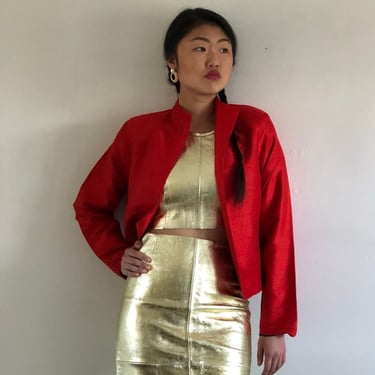 90s raw silk blazer / vintage red silk shantung dupioni open front cropped jacket blazer | Medium 