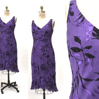 Vintage 90s 00 Y2K Bias Cut Silk Dress Purple floral print Beaded Silk Bias Cut Tank Dress Medium Large Silk Burnout Dress 90s party Dress 