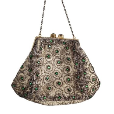 Vintage 30s Beaded Evening Bag Green Rhinestone Scrollwork 