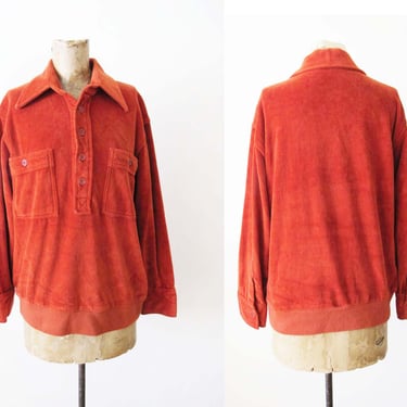 Vintage 70s Red Orange Velour Long Sleeve Shirt S M  - 1970s JC Penney Velvet Henley Neck Collared Sweater Shirt 