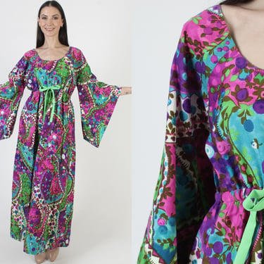 60s Ludy Honolulu Dress, Hawaiian Barkcloth Tiki Sundress, Psychedelic Kimono Sleeves 