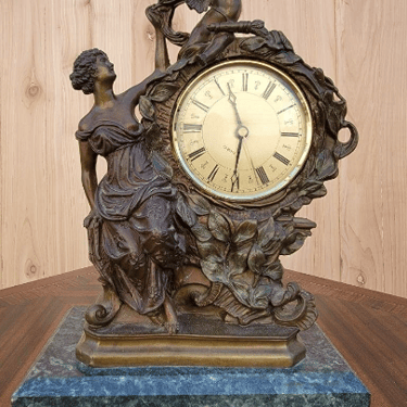 Antique French Louis XV Figural Sculpted Bronze Marble Base Mantel Clock