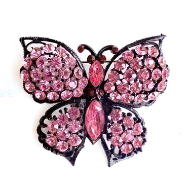 Pink Butterfly Brooch, Austrian Crystal Brooch in Black Setting, Mid Century Jewelry, Sparkly Costume Jewelry, Gift for Her, Pretty in Pink 