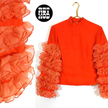 INSANE Vintage 60s 70s Bright Orange Cotton Shirt with SUPER Ruffle Sleeves 