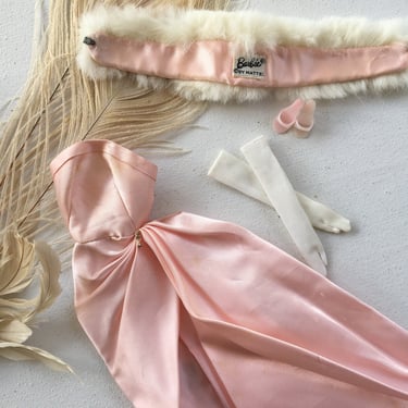 60's Vintage Barbie Doll Pink Gown, Enchanted Evening, 983, Gown, White Faux Fur Stole/ Collar, Gloves, Mismatched Heels 