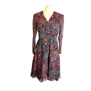 Vintage Handmade Black Neon Hot Pink Ditsy Floral Print Fit Flare Dress Rhinestone Buttons Sheer Long Sleeve 