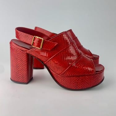 1970'S Platform Shoes - Shinny Red Faux Lizard Skin - Open Toe Slingback - 4 Inch Heels -Women's Size 7 to 7-1/2 