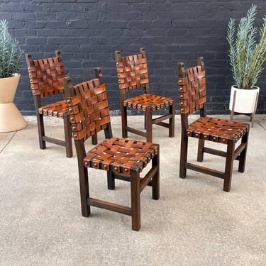 Set of 4 Vintage Rustic Spanish Interlaced Cognac Leather Dining Chairs, c.1970’s 
