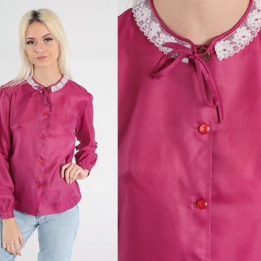 80s Puff Sleeve Blouse Raspberry Pink Top Lace Collar Button Up Shirt Bow Neck Secretary Party Vintage 1980s Long Sleeve Small S 
