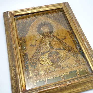 Antique 1800's Our Lady of the Pillar, Framed Gilded Embossed Print, Virgen del Pilar 