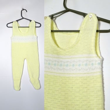 Vintage 80s Baby Pastel Yellow Textured Knit Footsie Jumper Size 0-6M 