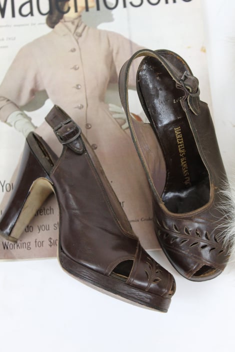 1940s peep toe platform shoes size 4 us | vintage peep toe slingbacks chocolate 