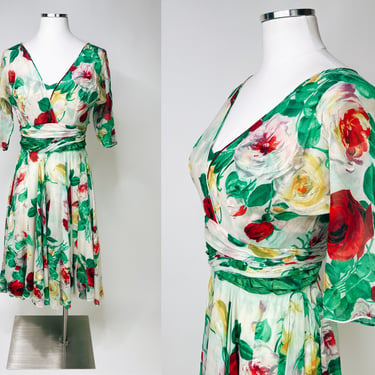 1950s Sheer Painted Floral Garden Dress w Boning & Gathering XXS/XS | Vintage, Tea Party, Formal, Cocktail, Dancing, Circle Skirt, Dainty 