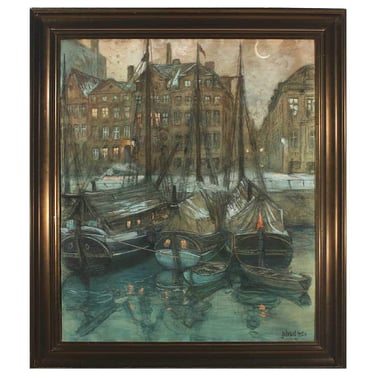 Vintage 1920's Orignial GUDMUND HENTZE Crescent Moonlight Ships City Night Pencil and Gouache on Paper, Danish Canal Scene Framed Art 