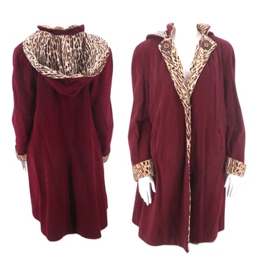 40s hooded leopard swing coat, vintage 1940s cranberry winter coat, cheetah print coat, 30s Deco coat M/L 