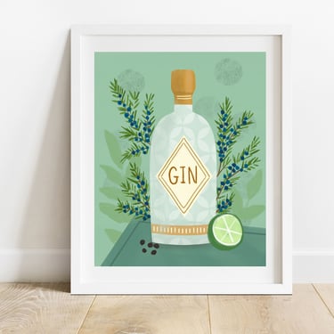 Gin With Juniper Berries 8 X 10 Bar Cart Print/ Botanical Cocktail Illustration/ Liquor Wall Decor/ Gifts For Cocktail Enthusiasts 