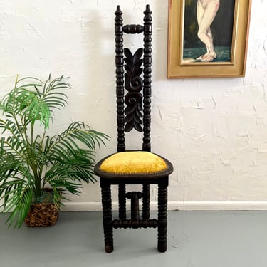 Spanish Style Jacobean Chair | Vintage Prayer Chair | Carved Wood Hallway Chair | Yellow Crushed Velvet Chair 