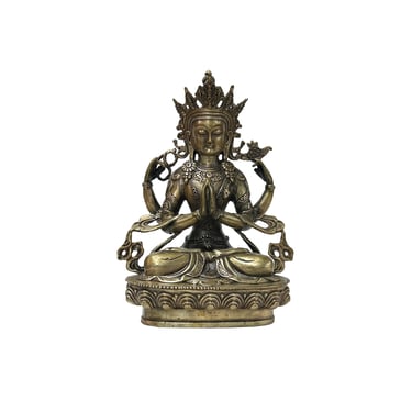Vintage Distressed Silver Color Metal Sitting Four Arms Tara Statue JK315E 