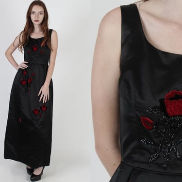 Elegant Black Silk Evening Gown / Vintage 50s Velvet Floral Dress / Black Beaded Cocktail Party Maxi Dress 