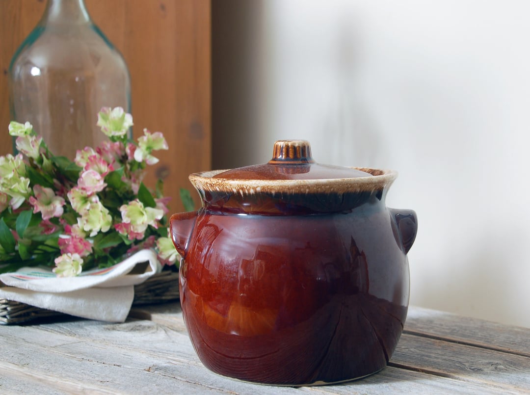 Vintage WEST BEND Glazed Ceramic Crock Pot, Bean Pot With Ceramic