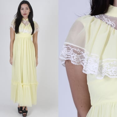 Pale Yellow Prairiecore Wedding Dress / Vintage 70s Sheer Floral Lace Bridal Gown / Simple Bridesmaids Lawn Maxi 