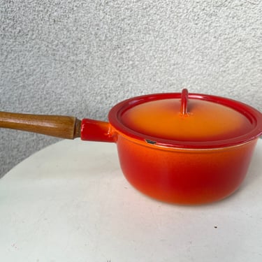 Vintage Descoware cookware white orange pot with removable wood handle 80-C 18 P 