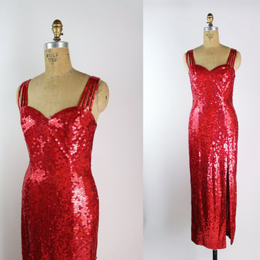 80s Red Sequined Beaded Maxi Dress / Prom Dress / Party Dress / Red Vintage Dress / Holiday Dress / Size XS/S 