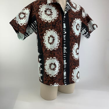 1960's- 70's HAWAIIAN SHIRT - Tiki Batik Border Print - All Cotton  - Patch Pocket - Men's Size Medium to Tailored Large 
