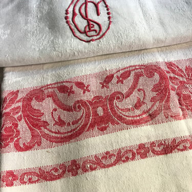 French Cotton Damask Tablecloth, Red Woven Decoration, Monogrammed, French Farmhouse 