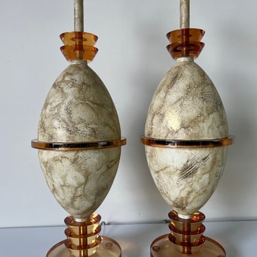 Vintage Bauer Amber Lucite and Beige Metal Table Lamps - a Pair 