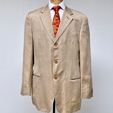 Vintage 1990s Giorgio Armani 3 Button Blazer, Beige Linen/Silk/Rayon, 90s Le Collezioni Unstructured Sport Coat, Made in Italy, 42 R 