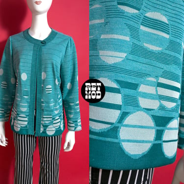 Cool Op Art Vintage 70s Dusty Turquoise Top by Leslie Pomer 