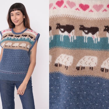 Wool Sheep Sweater Vest Top 80s Cow Farm Animal Print Knit Vest Heart Sleeveless Novelty Print 1980s Vintage Blue Polka Dot Medium Large 