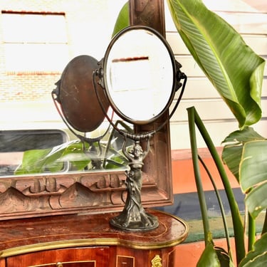Antique Art Nouveau Figural Vanity Mirror, Cast Bronze Pedestal Swivel Mirror, Heavy Patina, Original Glass Mirror, 16 1/2” H 