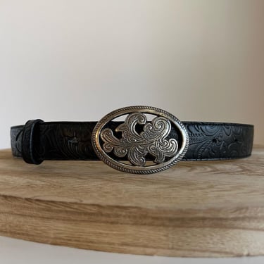 Vintage 90s Black Genuine Leather Floral Tooled Silver Chunky Buckle Belt - M 