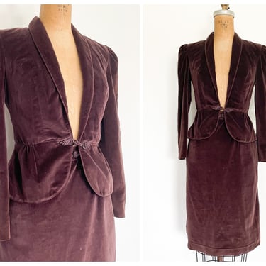 Vintage early ‘80s eggplant velvet fitted suit, skirt & peplum blazer | AS IS with hem needing repair, eighties costume, tiny fit, XXS 