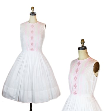1950s Dress ~ White Cotton Pink Eyelet Embroidery Sleeveless Full Skirt Dress 